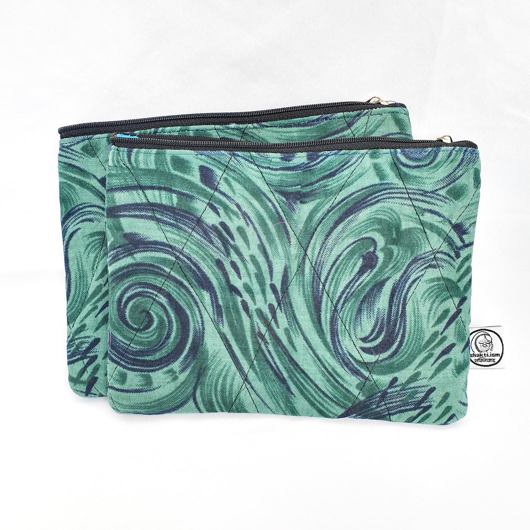 Flat upcycled sari pouch, large wallet, green