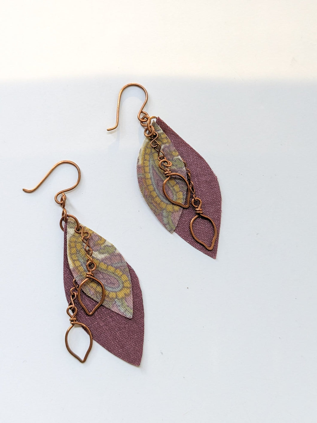 Handcrafted reclaimed sari earrings, copper leaf earrings - Shakti.ism | शक्तिवाद