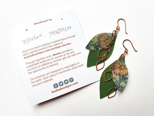 Handcrafted reclaimed sari earrings, copper leaf earrings - Shakti.ism | शक्तिवाद