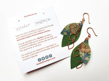Load image into Gallery viewer, Handcrafted reclaimed sari earrings, copper leaf earrings, handmade jewellery, upcycled sari, ethical gifts, eco friendly gift, charity gift - Shaktiism
