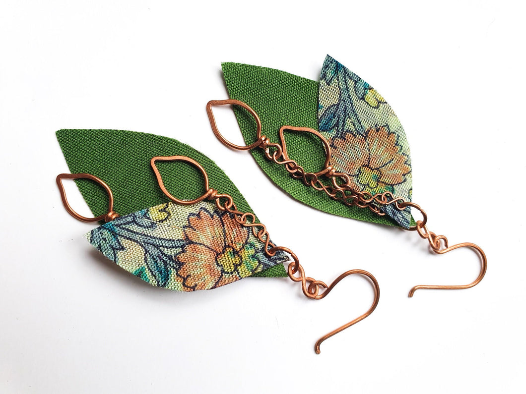 Handcrafted reclaimed sari earrings, copper leaf earrings, handmade jewellery, upcycled sari, ethical gifts, eco friendly gift, charity gift - Shaktiism