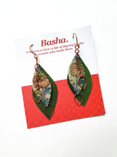 Load image into Gallery viewer, Handcrafted reclaimed sari earrings, copper leaf earrings, handmade jewellery, upcycled sari, ethical gifts, eco friendly gift, charity gift - Shaktiism
