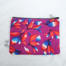 Load image into Gallery viewer, Flat upcycled sari pouch, large wallet, purple floral design
