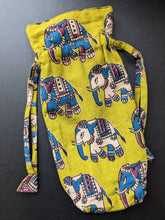 Load image into Gallery viewer, Reusable Kalamkari Cotton Pouch, Bottle Gift Bag, Lime Green - Shakti.ism | शक्तिवाद
