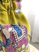 Load image into Gallery viewer, Reusable Kalamkari Cotton Pouch, Bottle Gift Bag, Lime Green - Shakti.ism | शक्तिवाद
