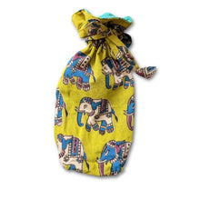 Load image into Gallery viewer, Reusable Kalamkari Cotton Pouch, Bottle Gift Bag, Lime Green - Shakti.ism | शक्तिवाद
