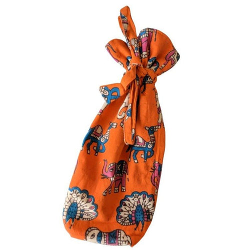 Reusable Kalamkari Cotton Pouch, Bottle Gift Bag, Orange - Shakti.ism | शक्तिवाद